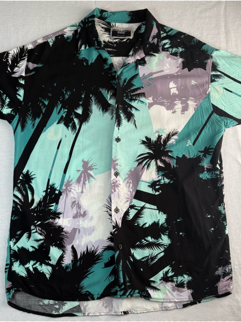 Men's Jack & Jones Hawaiian Summer Shirt Tropical Palm Tree Button Up Size Med